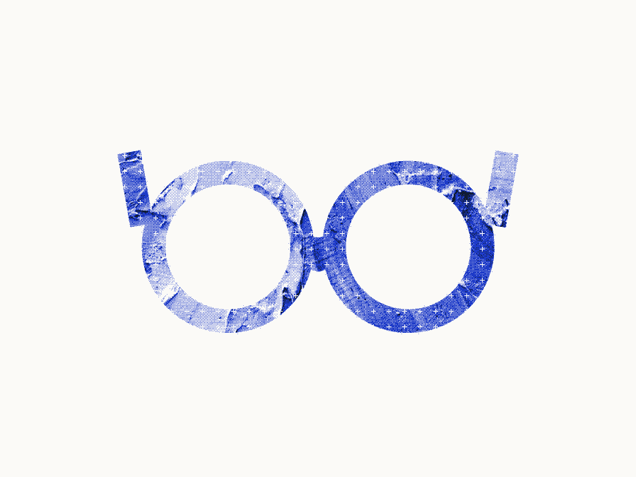A pair of reading glasses, with oil paint showing through the shape.